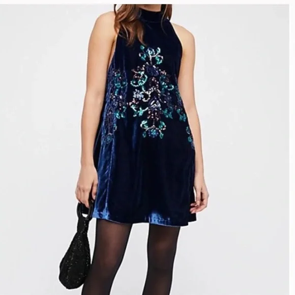 Free People Blue Velvet Dress NWT - Picture 1 of 8
